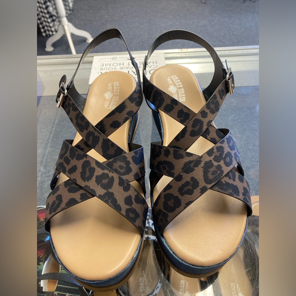 Wedge sandals leopard print strap denim heel size 8